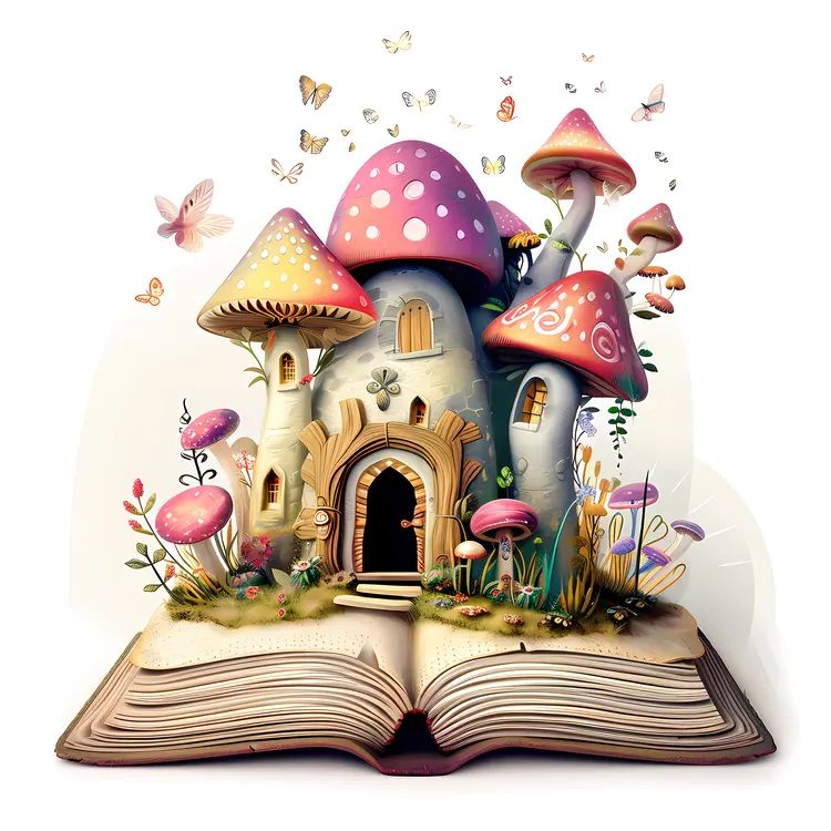 Mushroom House with Butterflies in Storybook