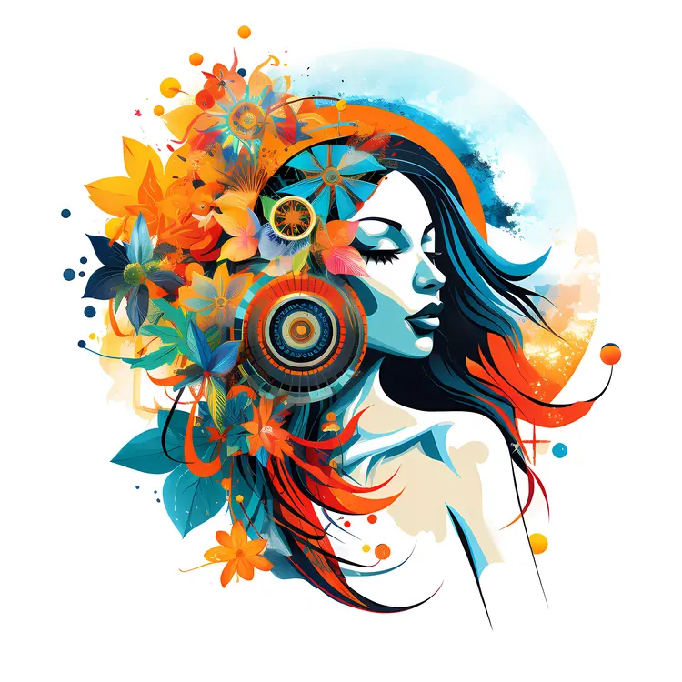 Woman with Flowers in a Colorful Portrait