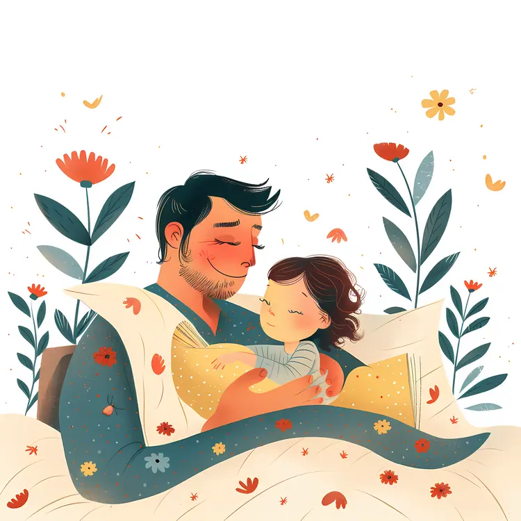 Father and Child Reading a Book in Bed with Floral Blanket