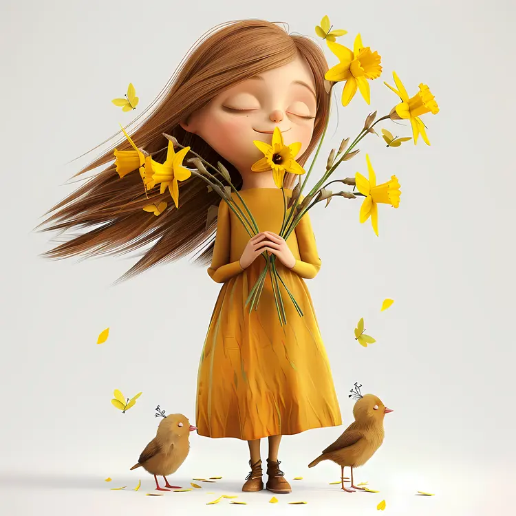 Girl Holding Daffodils with Birds Illustration