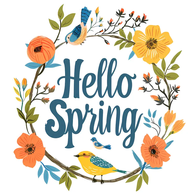 Hello Spring with Floral Wreath and Birds