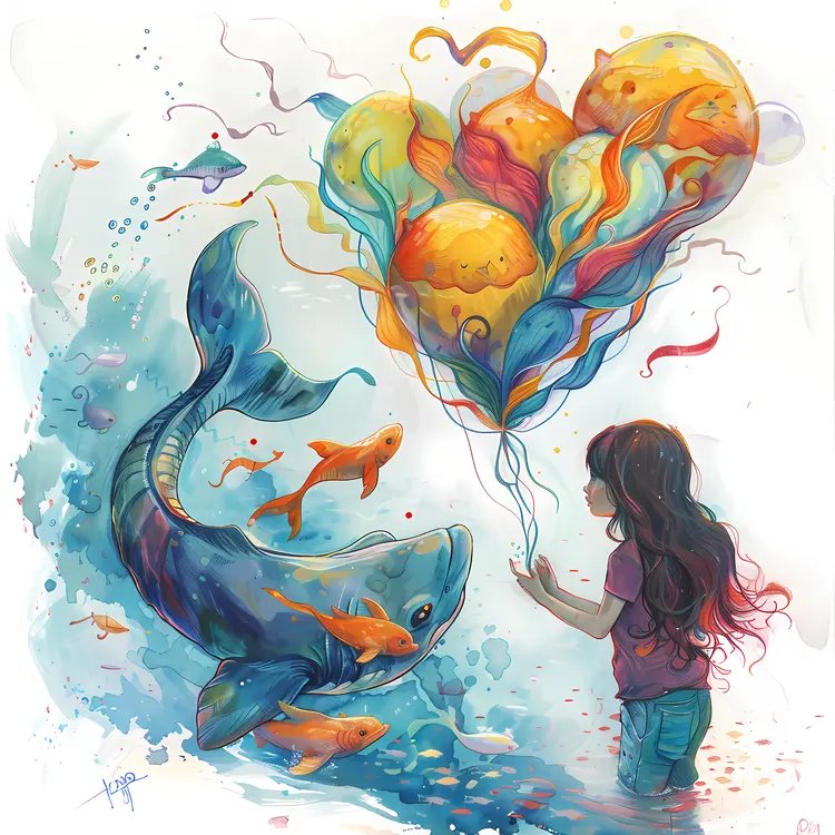 Girl with Heart-shaped Balloons and Fish