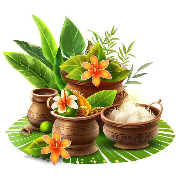 Traditional pots with flowers and leaves