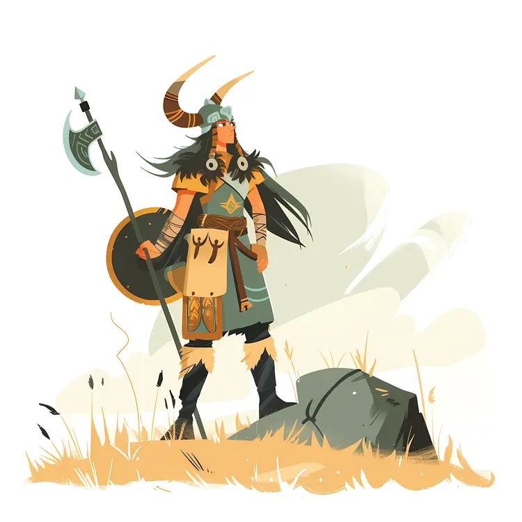 Viking Warrior with Horned Helmet and Axe