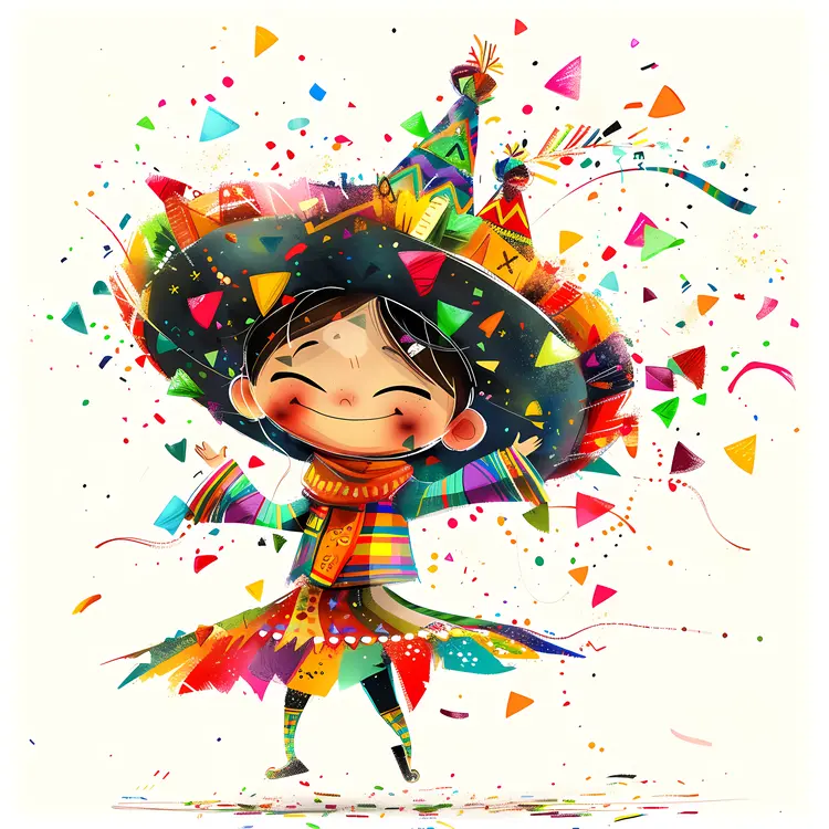 Festive Child with Colorful Hat and Confetti