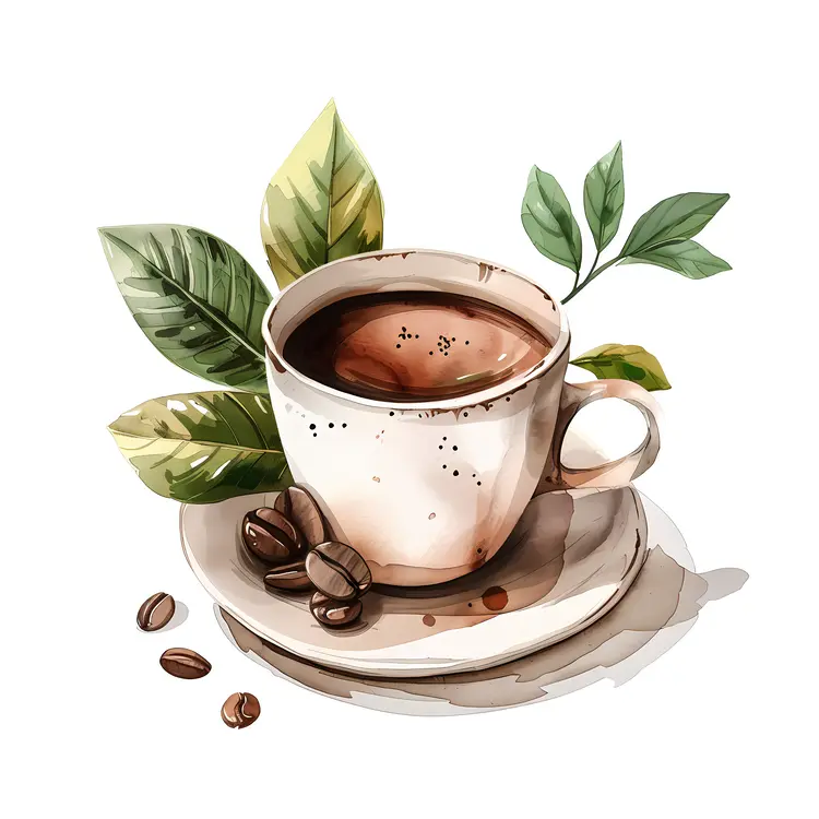 Coffee Cup with Coffee Beans and Leaves