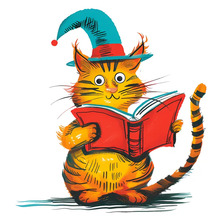 Cat Reading a Red Book with Blue Hat