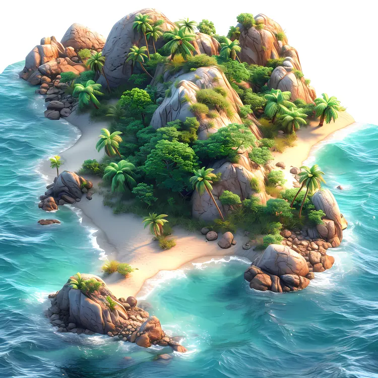 Small Tropical Island with Palm Trees and Rocks