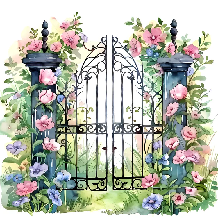 Elegant Iron Gate with Blooming Flowers
