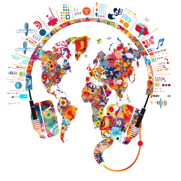 Global Music Concept with World Map and Headphones