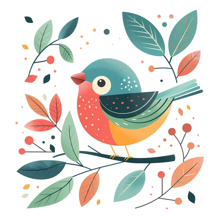 Cute Bird with Leaves Illustration