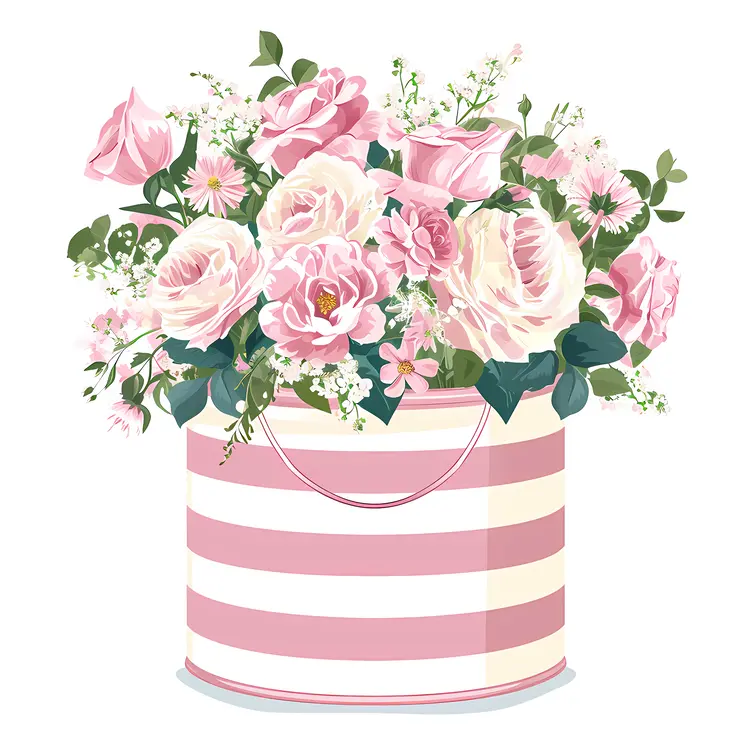 Pink and White Floral Arrangement in Striped Box