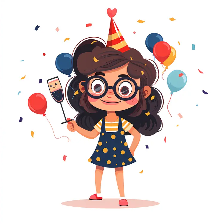 Cute Girl with Party Hat and Balloons