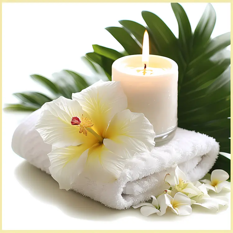 Candle with White Hibiscus and Towel for Spa Relaxation