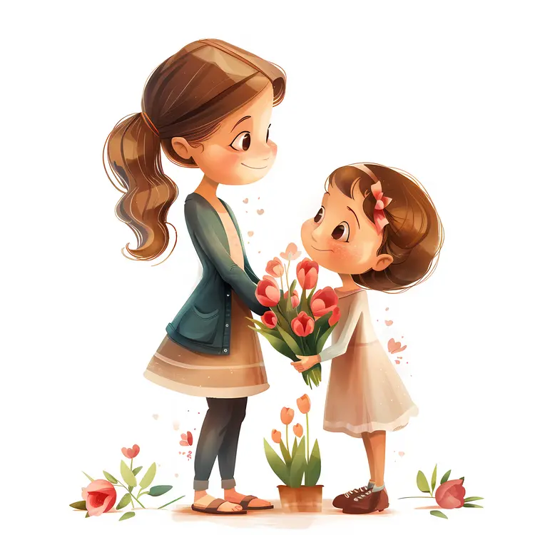 Mother and Daughter Sharing a Moment with Flowers