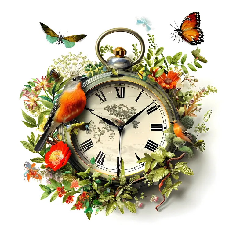 Vintage Pocket Watch with Birds and Butterflies