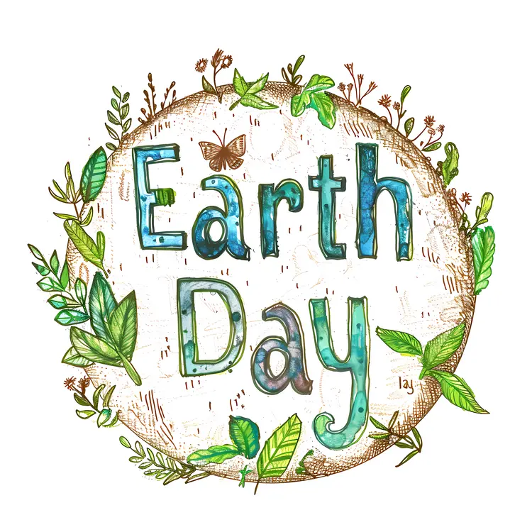 Earth Day Text with Leaves and Butterfly