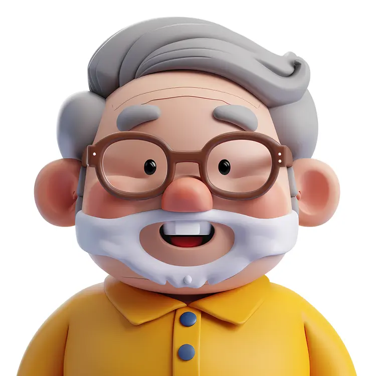 Happy Elderly Man with Glasses in Cartoon Style
