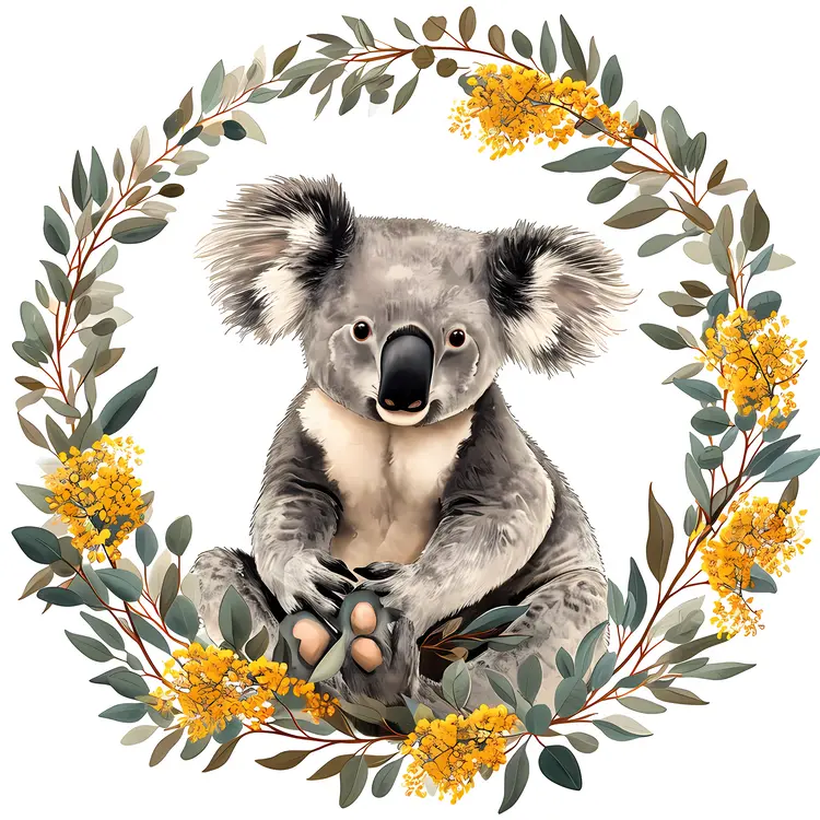 Koala Sitting in a Wreath of Eucalyptus and Yellow Flowers
