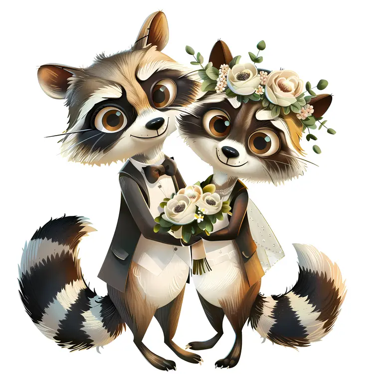 Cute Raccoon Couple in Wedding Attire