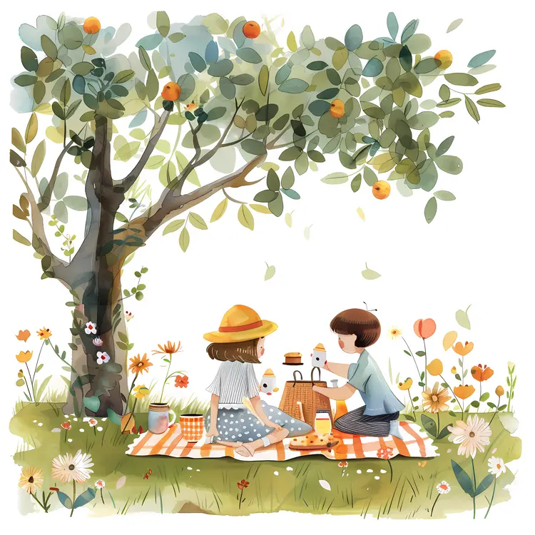 Children Having a Picnic Under a Tree