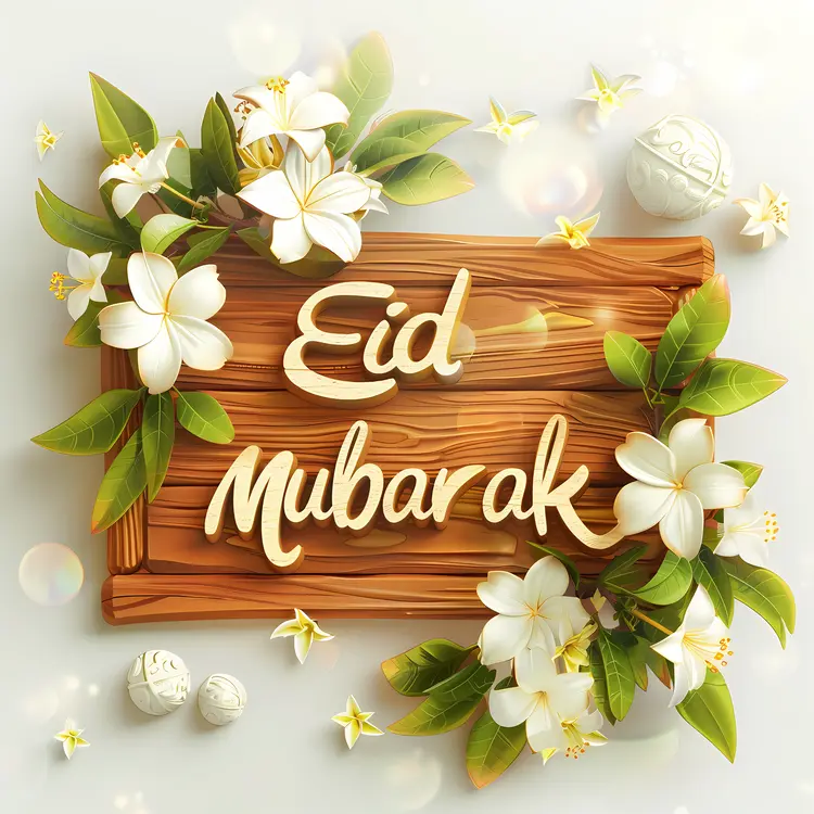 Eid Mubarak Wooden Sign with White Flowers