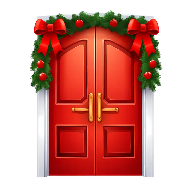 Double Red Doors with Christmas Garland and Bows