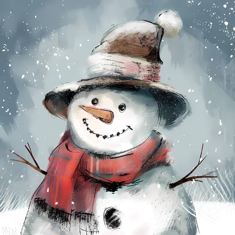 Snowman with Hat and Scarf in Winter Wonderland