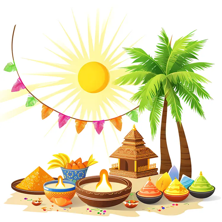 Festival Items with Sun and Palm Tree