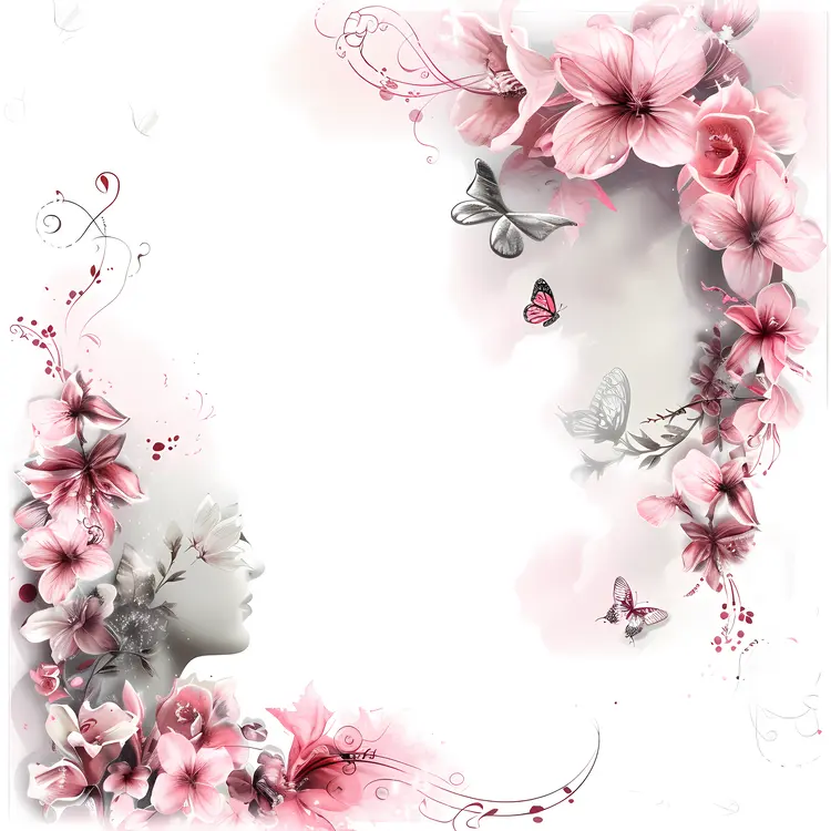 Pink Floral Frame with Butterflies