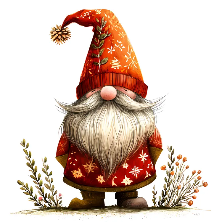 Cute Gnome with Red Hat and Plants