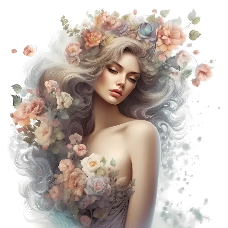 Beautiful Woman with Floral Hair Illustration