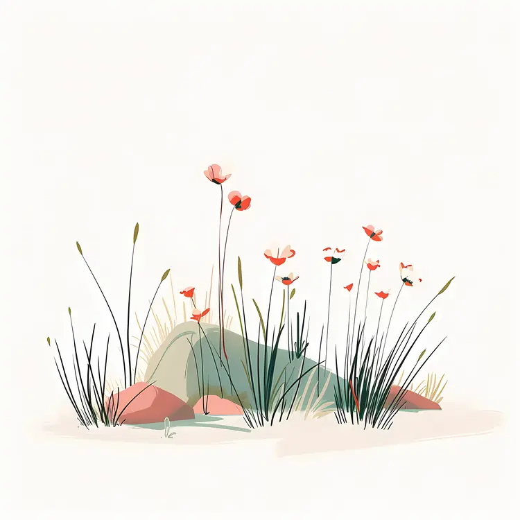 Minimalist Flowers with Grass and Rocks