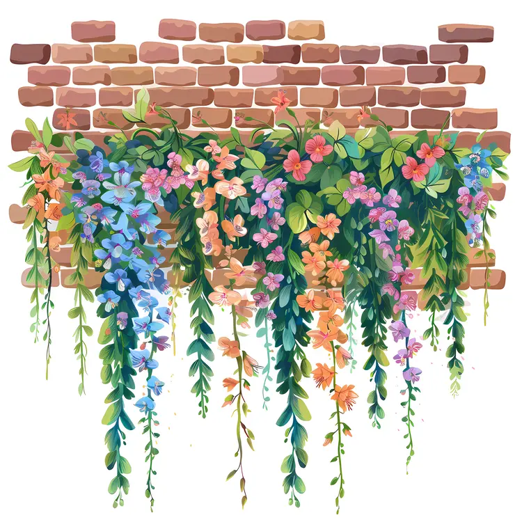 Colorful Flowers on Brick Wall