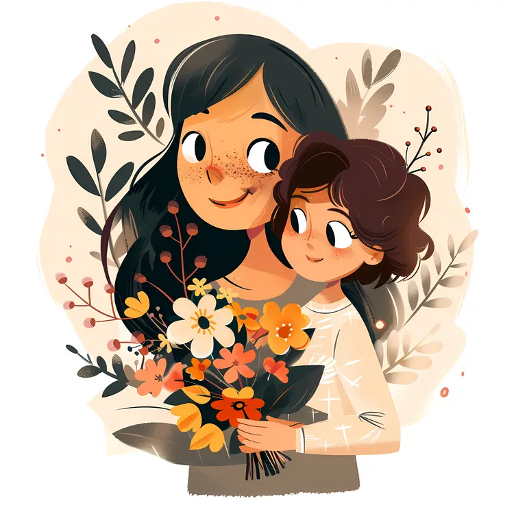 Mother and Child with Flowers Illustration