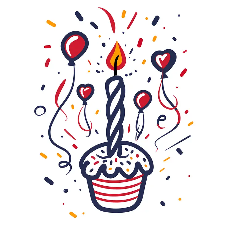 Cupcake with Candle and Balloons