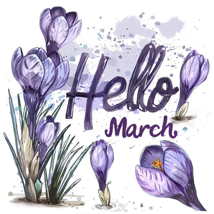 Hello March with Purple Flowers