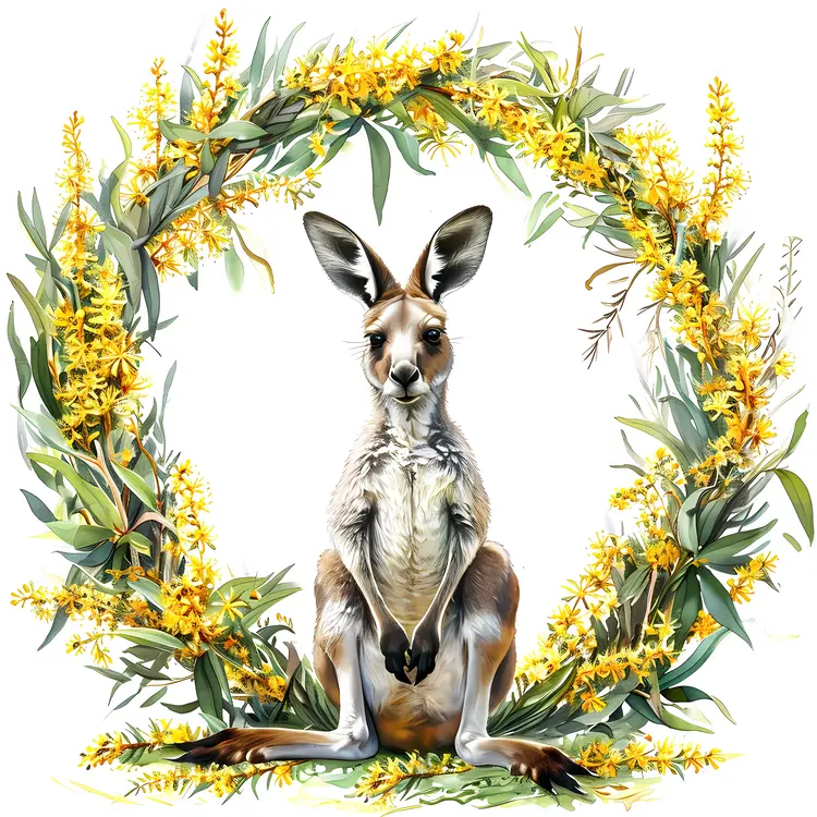 Kangaroo in Yellow Flower Wreath