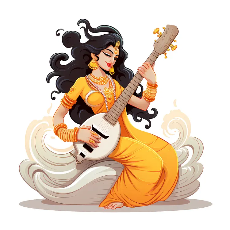 Divine Goddess Playing Veena with Flowing Hair