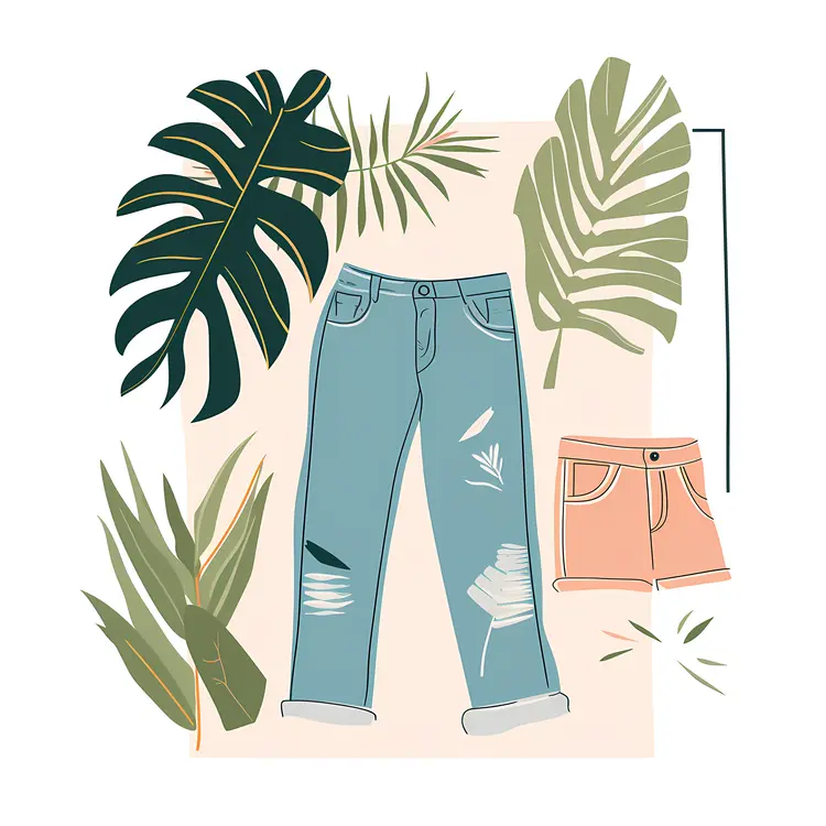 Blue Jeans with Tropical Leaves