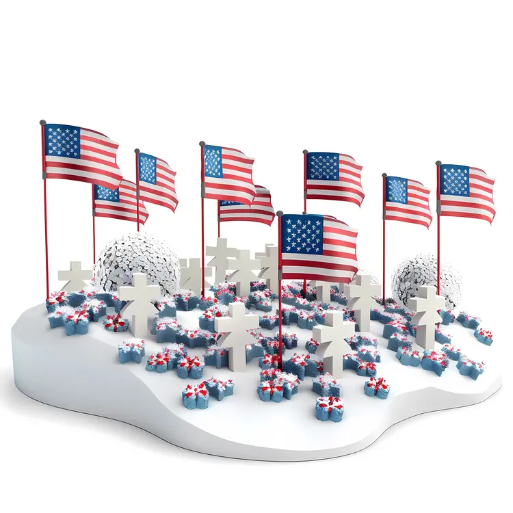 American Flags with Crosses and Flowers