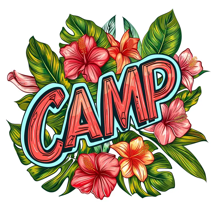 Tropical Flowers and Leaves with Camp Text