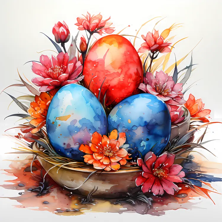 Colorful Easter Eggs in Nest with Flowers