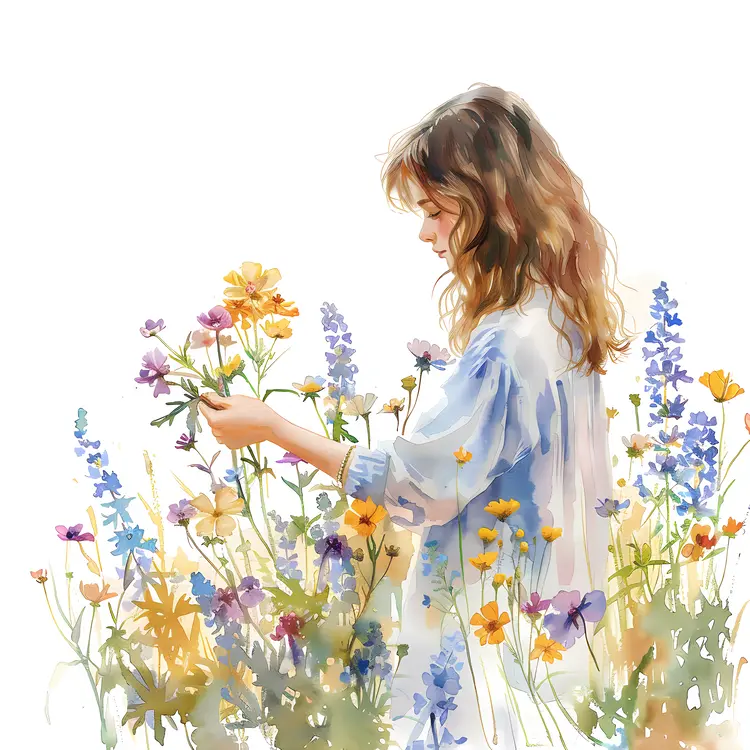 Girl Picking Flowers in a Garden