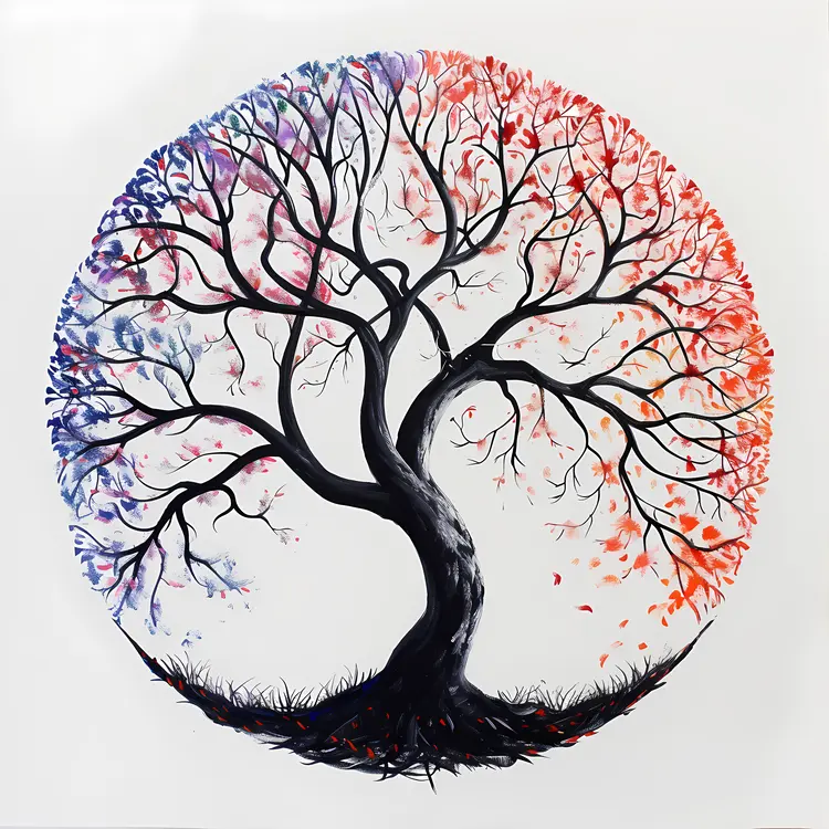 Colorful Tree with Branches and Leaves in a Circle