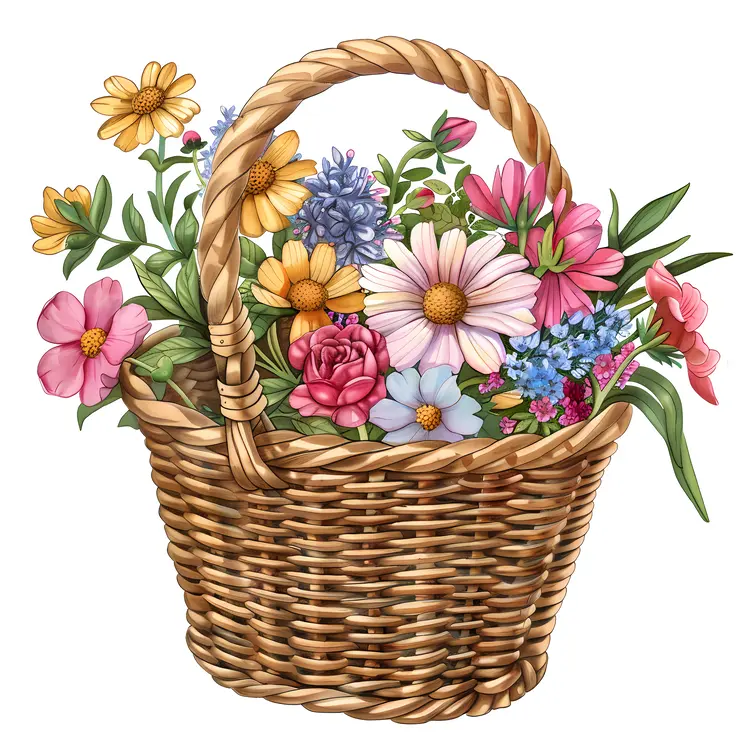 Detailed Flower Basket with Various Flowers