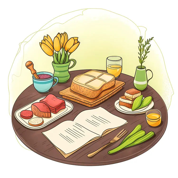Illustrated Breakfast Table with Bread and Vegetables
