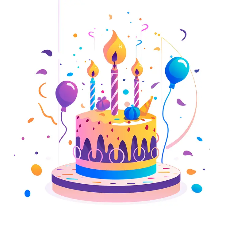 Colorful Birthday Cake with Candles and Balloons