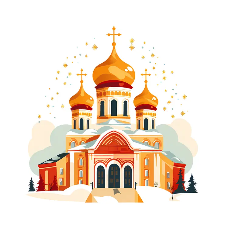 Snowy Church with Golden Domes