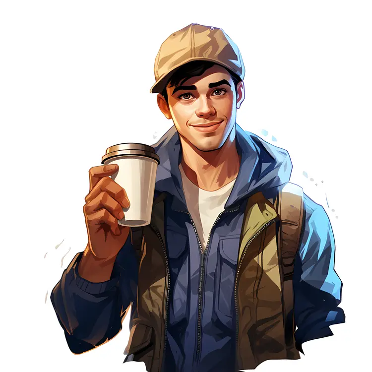 Young Man with Coffee Cup in Casual Outfit